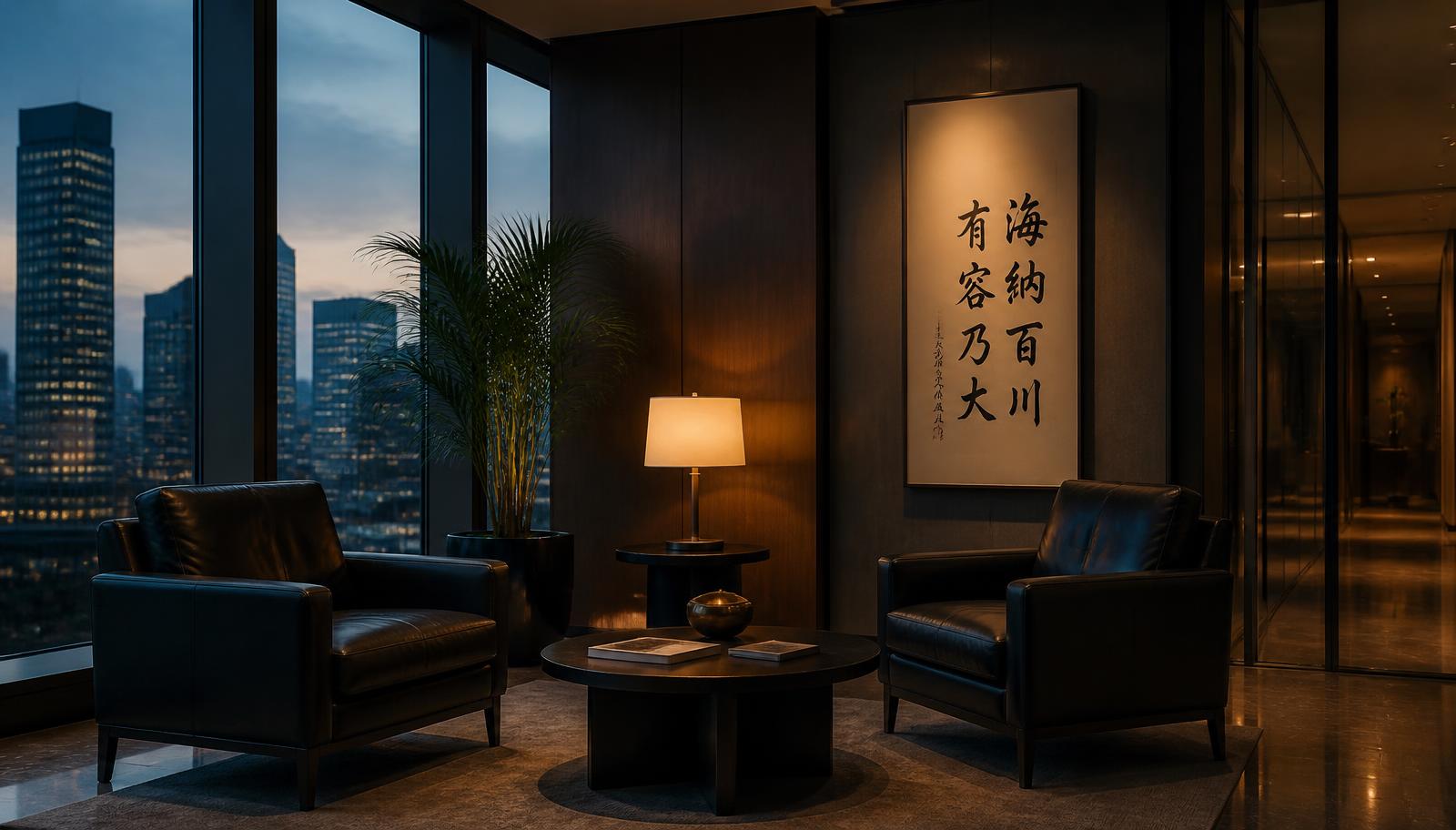 A lobby much like the one where the first conversation took place, in one of China's early modern agricultural businesses.