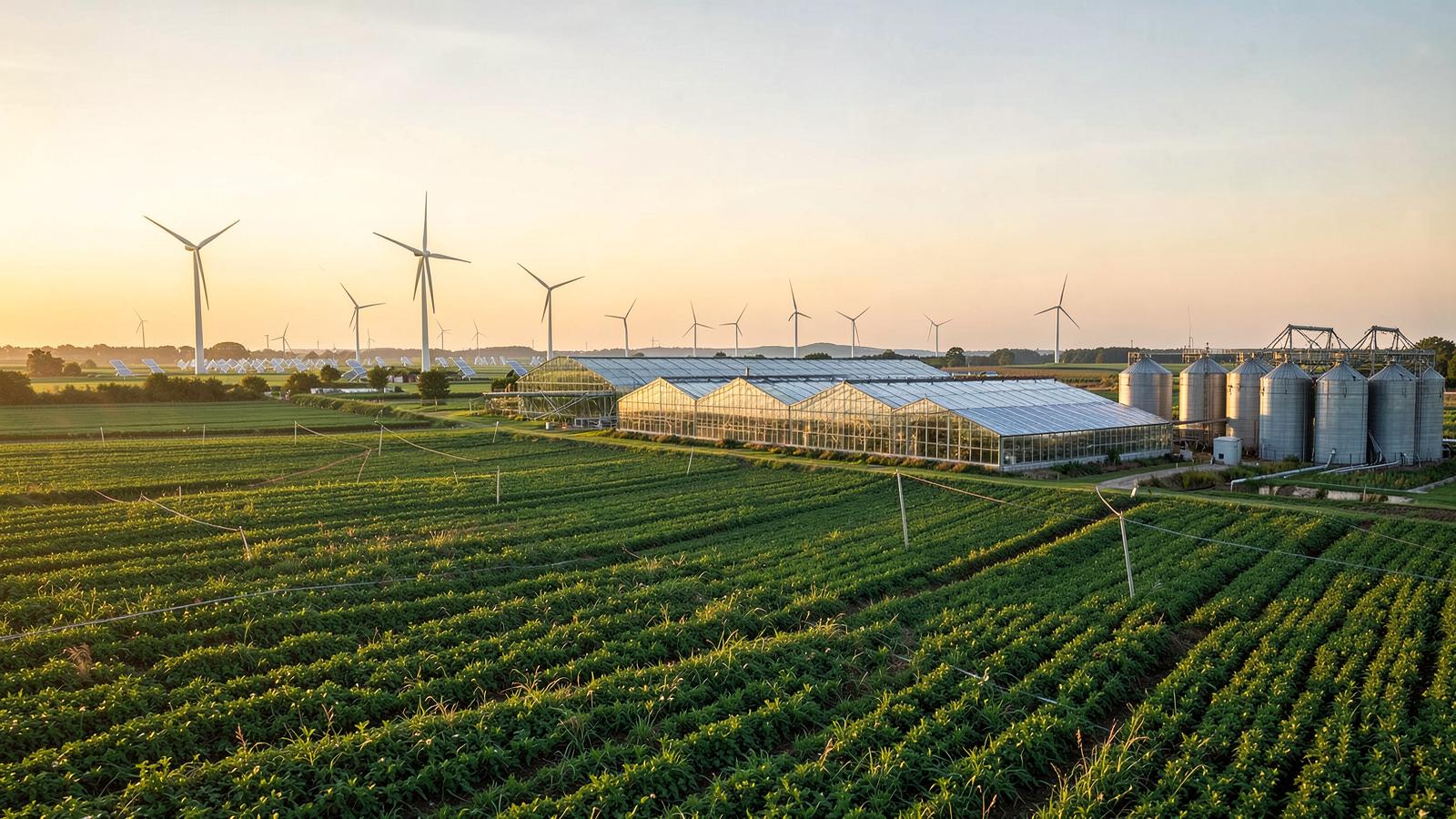 Precision-irrigated farmland, glasshouses, grain storage and renewable energy — the interconnected systems behind the next generation of food production.