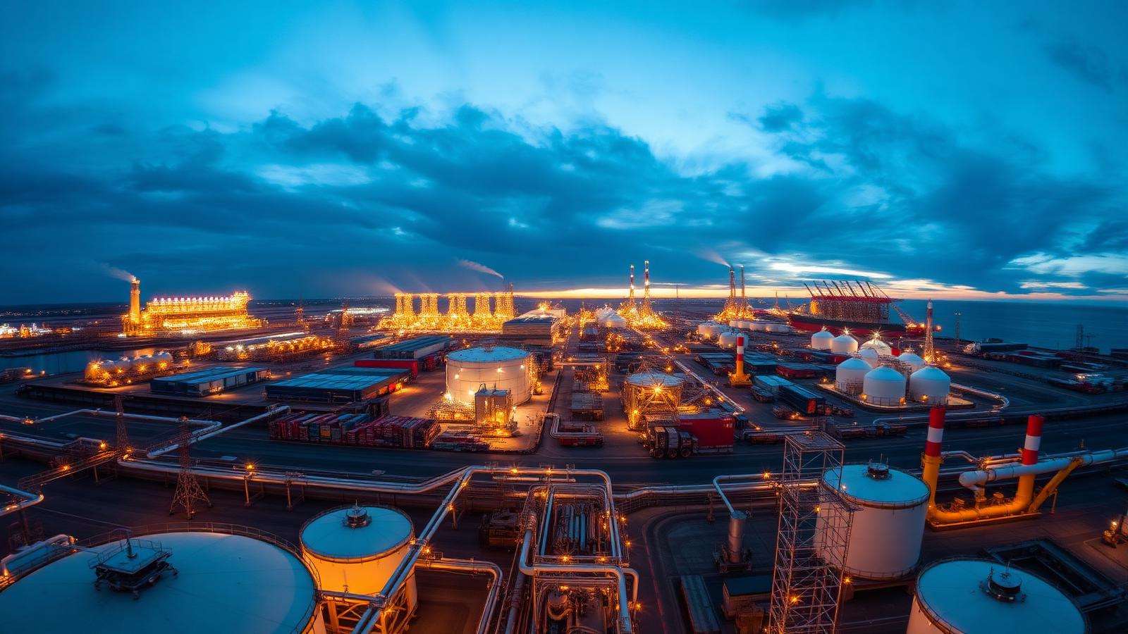 An integrated energy infrastructure ecosystem — pipelines, storage, refining, power and logistics — connected at dusk.