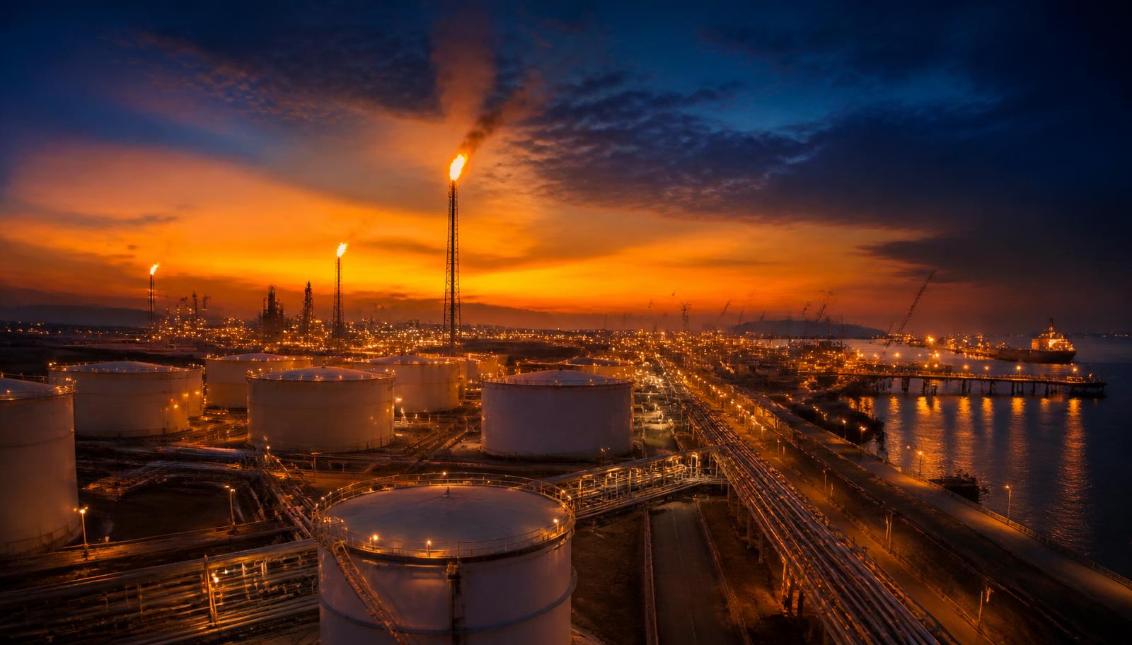 Integrated tank farm, marine jetty and gas-processing infrastructure of the kind envisaged for the Ghana Oil & Gas Hub.