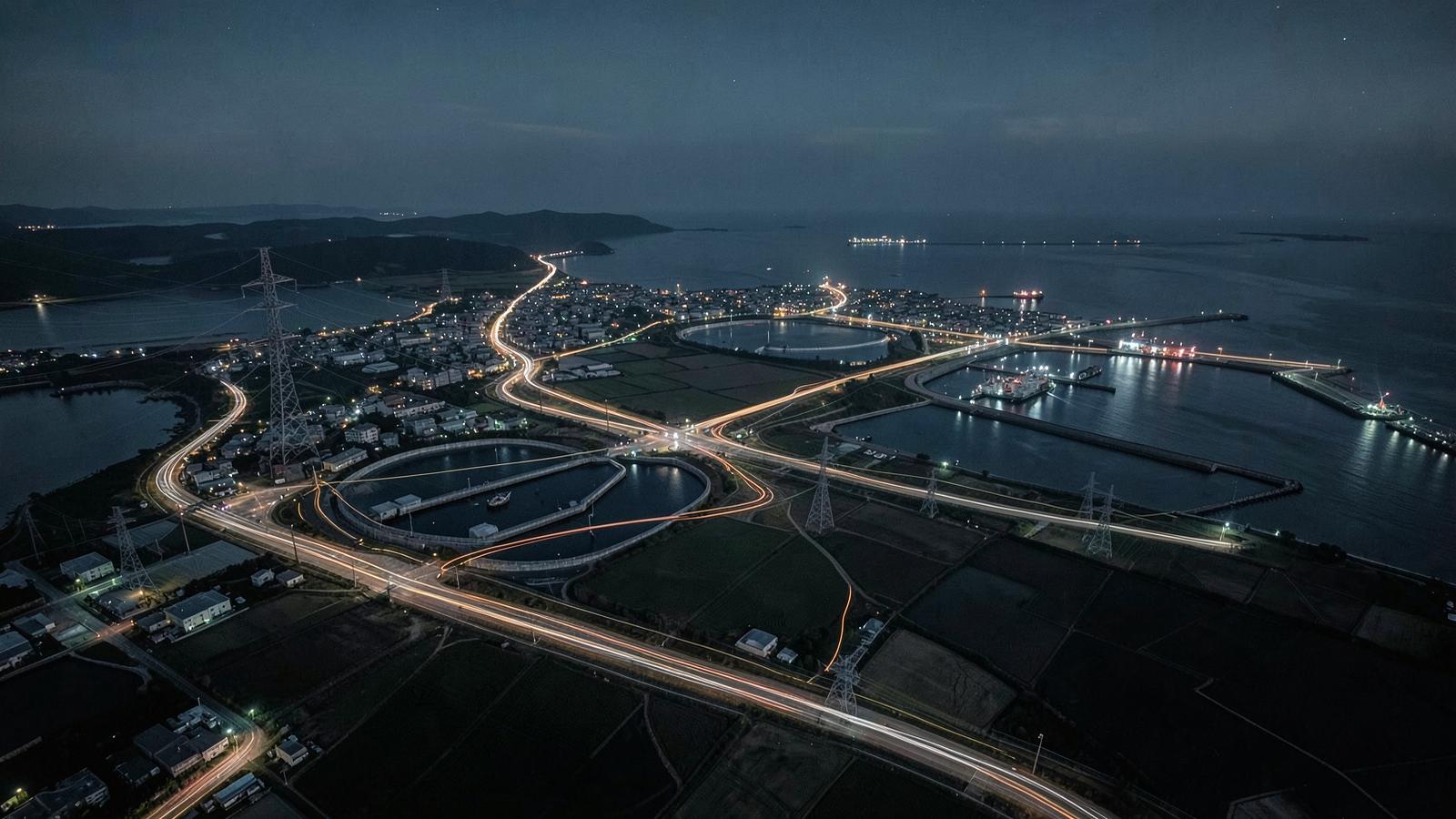 Power, water, farmland and port infrastructure connected across one coastal economy — the interconnected systems an ecosystem platform seeks to organise.
