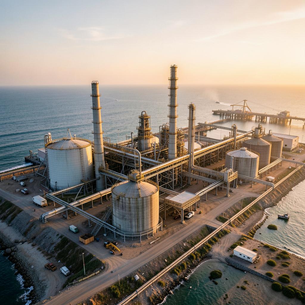 A coastal petroleum hub with refineries, storage tanks and port infrastructure — illustrative of the planned Jomoro development.
